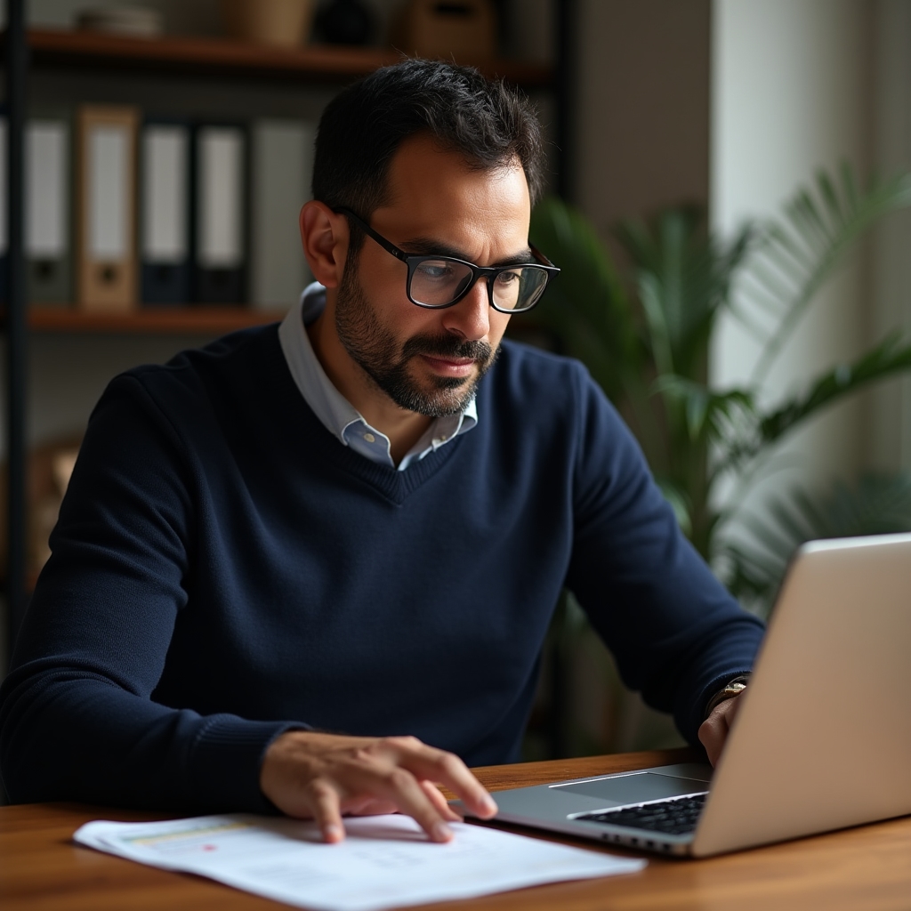 Muž píšící pravidelný status report na notebooku